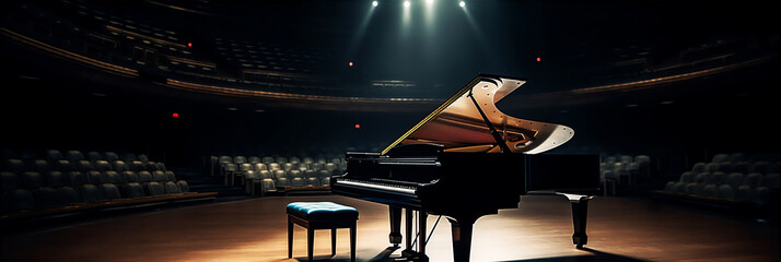 A piano set up on the stage of a concert hall with rows of seats - obrazy, fototapety, plakaty