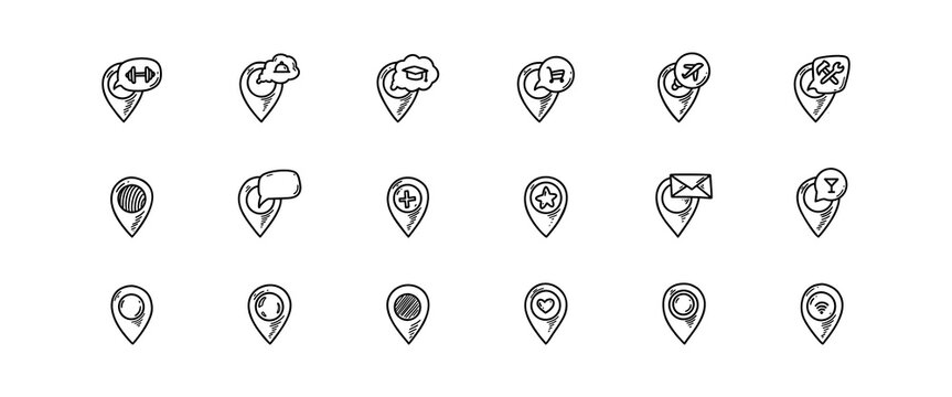 Map pins with airport, hospital, wifi, gym, restaurant, bare, store place  location. Hand drawn doodle vector illustration. Pinpoint road travel mark sketch
