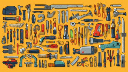 Construction tools, Cartoon caricature tools, Different instruments. Screwdriver, saw, brush, hammer, knife, scissors, wrench, etc. Hand drawn Vector set. All elements are isolated. Generative Ai