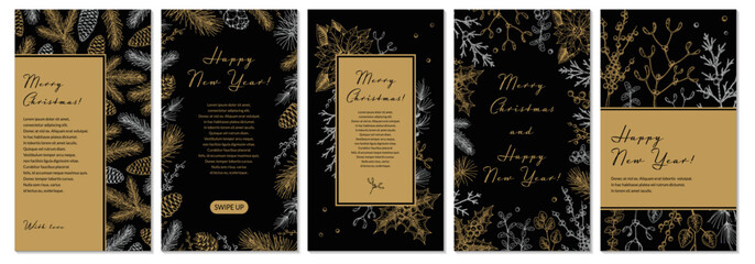 Set of Merry Christmas and Happy New Year vertical greeting cards with hand drawn golden botany elements. Vector illustration in sketch style. Festive backgrounds. Social media stories templates