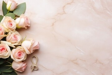 A beautifully arranged flat lay featuring a delicate bridal bouquet and gleaming wedding rings, providing ample empty space for customized text or designs.