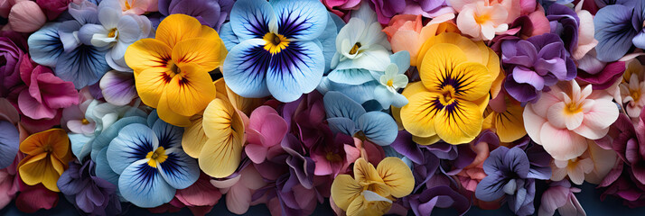 yellow blue purple Pansies violets flowers, on sunny garden background, banner  - Powered by Adobe