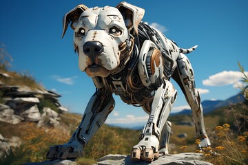 Futuristic robot dog with white skin on a meadow with a blue sky