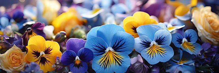 Poster blue yellow Pansies violets flowers, on sunny garden background, close up banner panorama panoramic © nnattalli