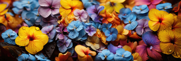 yellow purple blue  Pansies violets flowers wallpaper background, close up banner