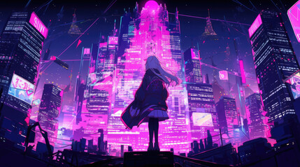 Cyberpunk Girl, Anime, Character Design, Concept Art, Beautiful Girl, - obrazy, fototapety, plakaty