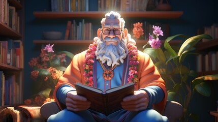 A god or grandfather with a white beard sits on a sofa holding a book in a private library, generative ai