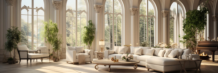 Interior Design Luxurious modern Living room, minimal tall window, Cozy sofa, serene nature scenery, Elegant villa