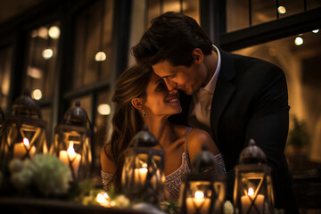 intimate photo of the couple at a beautifully set table adorned with candles and Italian cuisine, highlighting the romantic ambiance of an Italian wedding reception. Photo