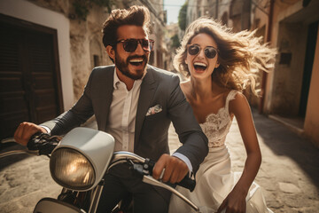 playful photo of the couple riding a vintage Vespa scooter through the charming streets of an Italian village, embodying the carefree spirit of an Italian wedding. Photo