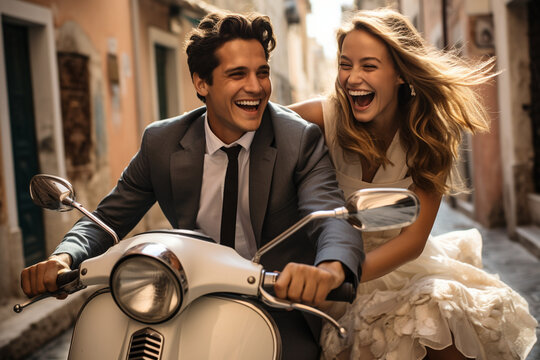 playful photo of the couple riding a vintage Vespa scooter through the charming streets of an Italian village, embodying the carefree spirit of an Italian wedding. Photo
