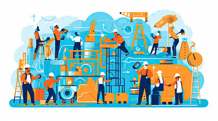 Construction workers set, repair service employees, builders, repairmen and renovation foremen with professional tools isolated line art flat vector illustration. Generative Ai