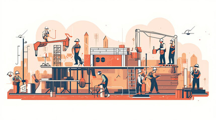 Construction workers set, repair service employees, builders, repairmen and renovation foremen with professional tools isolated line art flat vector illustration. Generative Ai