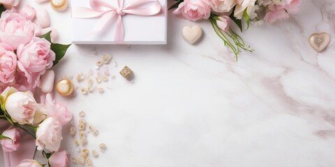 A charming flat lay of bridal shower gifts and decorations, artfully arranged, creating a scene both festive and elegant, with ample empty space for additional custom text or design.