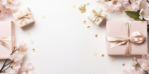 A charming flat lay of bridal shower gifts and decorations, artfully arranged, creating a scene both festive and elegant, with ample empty space for additional custom text or design.