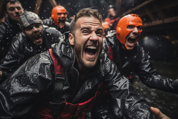 thrilling photo of the stag party engaging in outdoor adventure activities like paintball, zip-lining, or rafting, showcasing adrenaline-pumping moments. Photo - obrazy, fototapety, plakaty