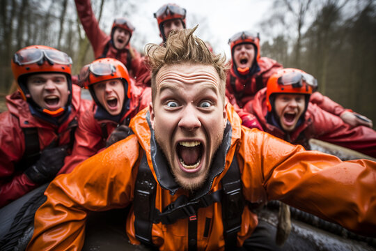 thrilling photo of the stag party engaging in outdoor adventure activities like paintball, zip-lining, or rafting, showcasing adrenaline-pumping moments. Photo