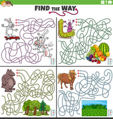 maze activities set with cartoon animal characters