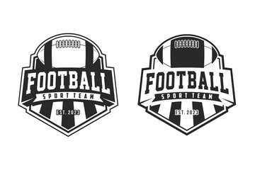 American Football sport logo. Vintage football logo with ball. American Football retro logo. Vintage badge with text and ball silhouette. Vector illustration