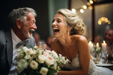candid photo capturing spontaneous laughter or tears during the reception, showcasing the genuine emotions of the day. Photo