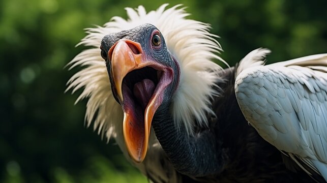 A screeching royal vulture in close-up. A multicolored exotic predatory bird against a green grass background. 