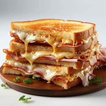 Toasted toast with cheese and ham on a white background