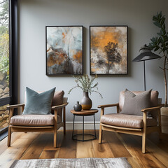 Interior with gray armchairs next to a small table in the living room with a photo frame and a plant