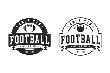 American Football sport logo. Vintage football logo with ball. American Football retro logo. Vintage badge with text and ball silhouette. Vector illustration