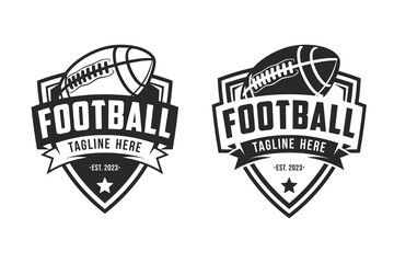 American Football sport logo. Vintage football logo with ball. American Football retro logo. Vintage badge with text and ball silhouette. Vector illustration - obrazy, fototapety, plakaty