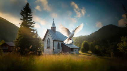 Holy Spirit, winged dove, flying over an old church in the mountains - obrazy, fototapety, plakaty