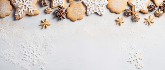 Fototapeta na wymiar A delightful flat lay capturing warm Christmas cookies elegantly placed on a snowy table, invoking festive coziness and delicious holiday treats.