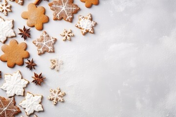 A delightful flat lay capturing warm Christmas cookies elegantly placed on a snowy table, invoking festive coziness and delicious holiday treats.