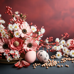 Fototapeta premium Easter eggs and flowers on a pink background