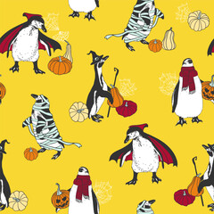 Happy Halloween seamless pattern. Penguins in costumes