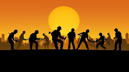 Silhouette of a Group of Construction Workers doing happy Work poses wearing safety guards and plastic helmets. flat vector illustration. Generative Ai