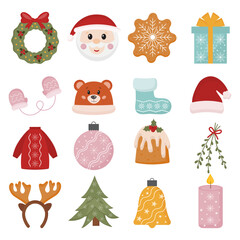 Christmas festive vector collection with Christmas tree toys, gift, fir tree, sweater, cookies, candy. Set of winter holiday icons. Design for prints, cards, posters. 