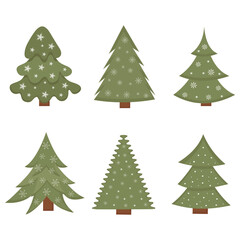 Set of Christmas tree. New Years fir tree with snowfall decorations. Decorated xmas trees. Suitable for greeting card, invitation, banner, web. Elements for winter holidays decoration.