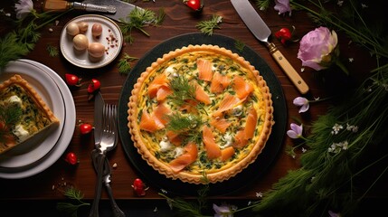  a quiche with salmon on a plate and a fork and knife.  generative ai