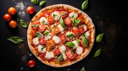  a pizza with tomatoes, mozzarella and basil leaves.  generative ai