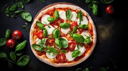  a pizza topped with cheese, tomatoes, and basil leaves.  generative ai
