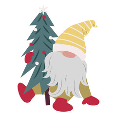 Cute gnome with long beard and yellow striped hat isolated on white. Scandinavian cartoon character with Christmas tree. Fairy tale dwarf