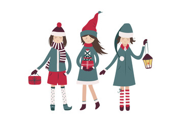 Cute  three cartoon gnome girls with candle lantern and gift boxes. Christmas dwarf woman, leprechaun, elf
