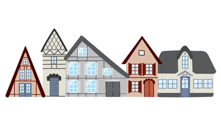 European houses buildings on street. City architecture. isolated houses. Old city homes. Village.