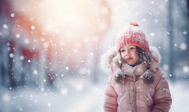 Magical fairy tale winter landscape with snow fall. Outdoor close up photo of young beautiful happy smiling girl walking on street. Wearing stylish white knitted winter hat and gloves. Copy, empty 