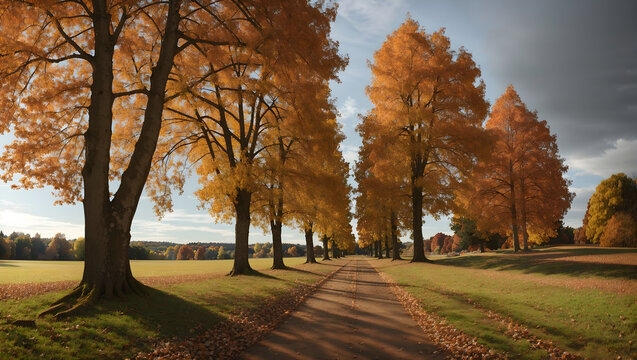 An Autumn landscape picture of Deciduous trees lined up with eye catching colors of yellow, orange and pink in the forests during fall season..