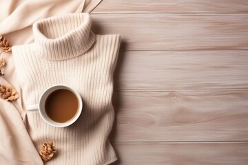 Fototapeta na wymiar An inviting flat lay featuring cozy winter garments and a mug of warm drink, artfully arranged with an ample empty space for additional text or elements, symbolizing warmth and comfort