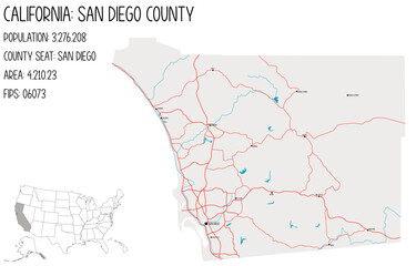 Large and detailed map of San Diego County in California, USA.