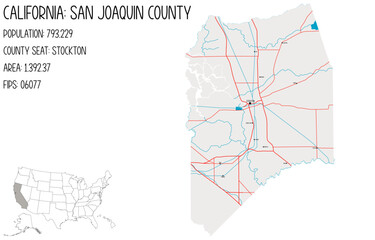 Large and detailed map of San Joaquin County in California, USA.