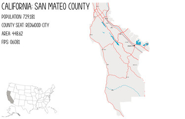 Large and detailed map of San Mateo County in California, USA.