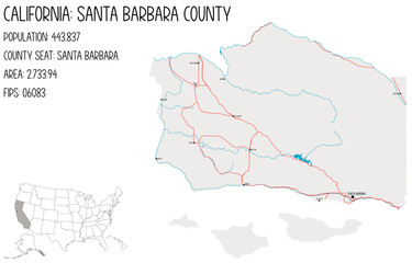 Large and detailed map of Santa Barbara County in California, USA.